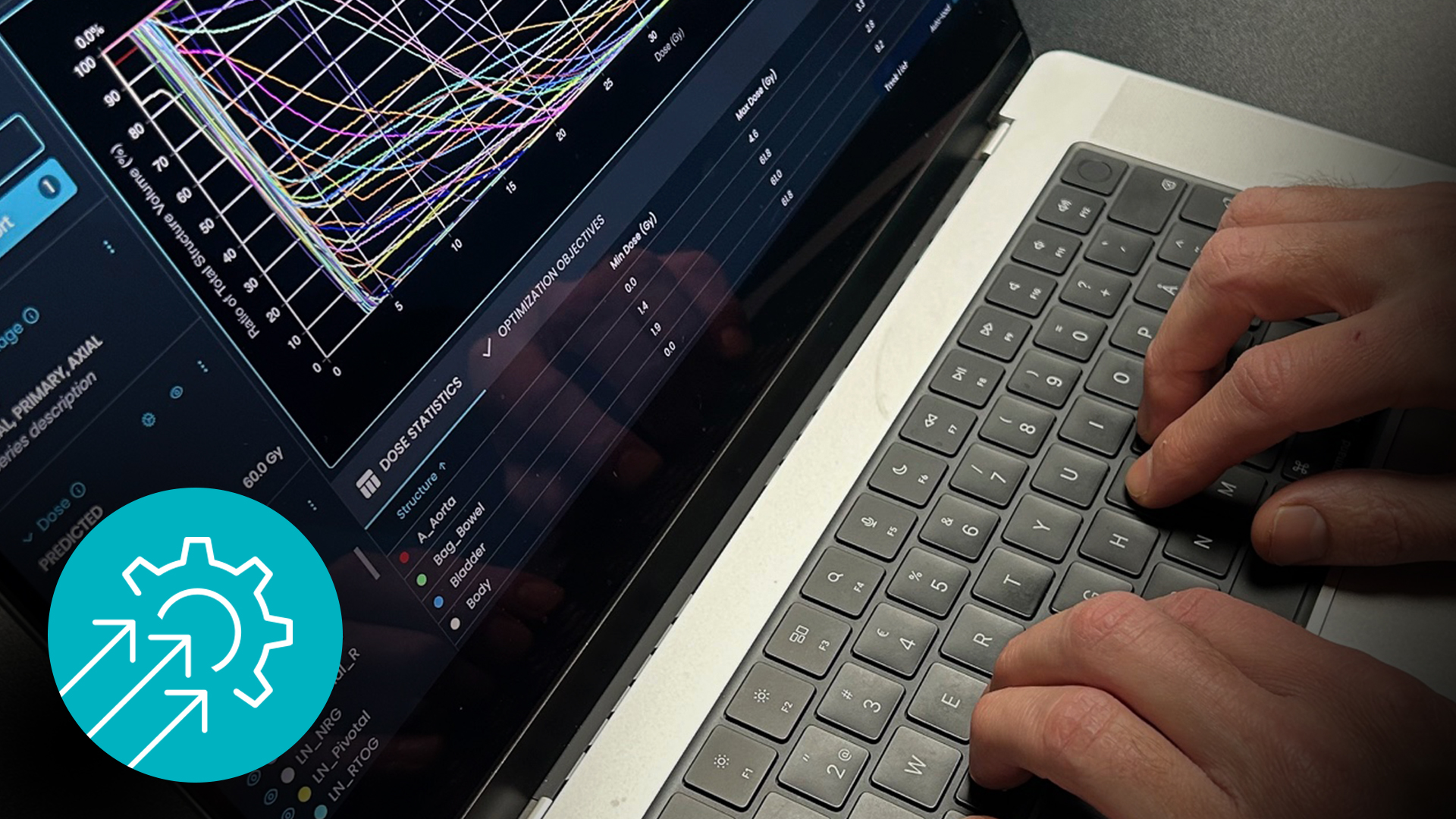 Hands typing at a keyboard with a contouring screen