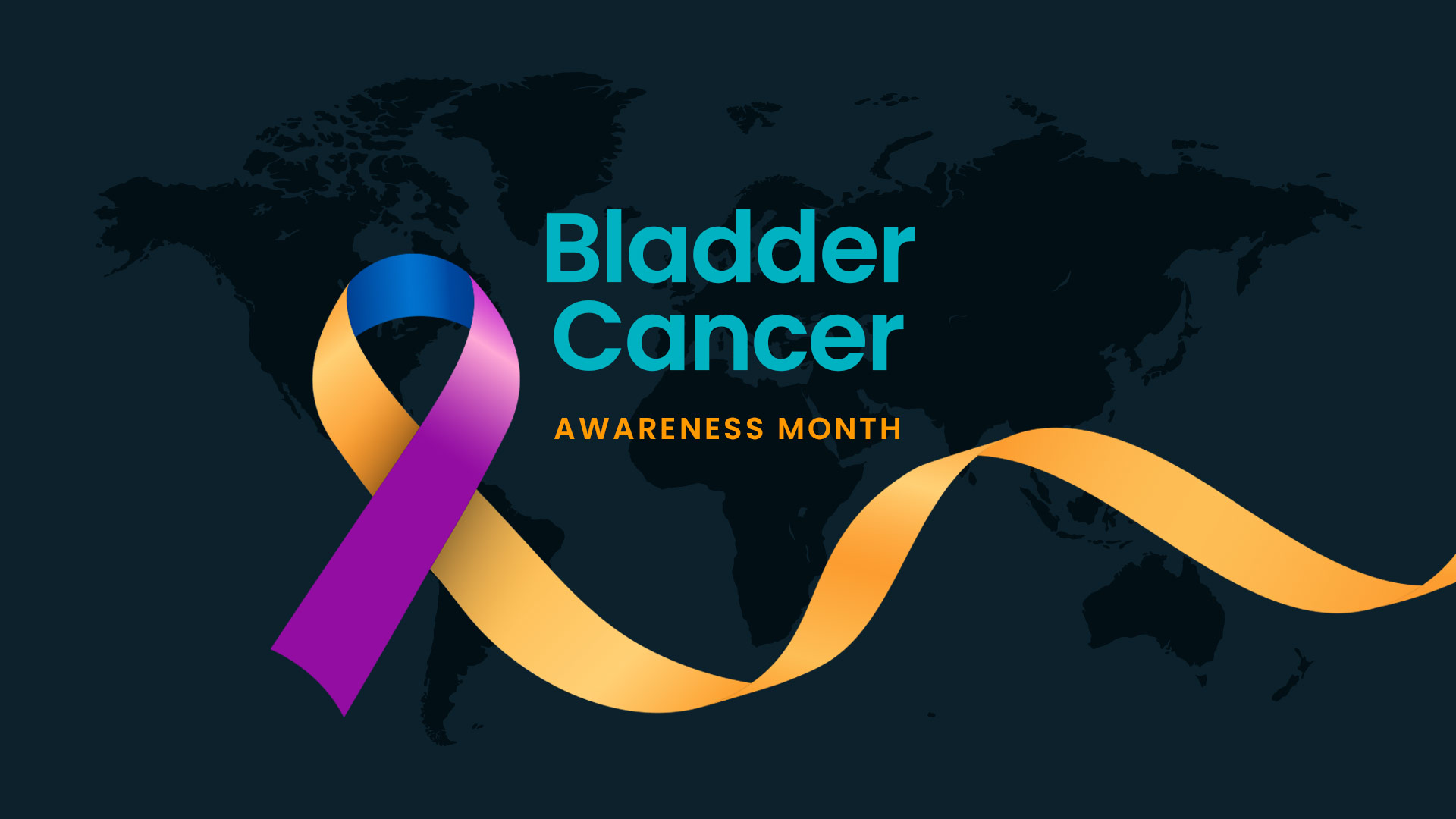 A multi-colored cancer ribbon agains a black background. The text reads 'Bladder Cancer Awareness Month'.