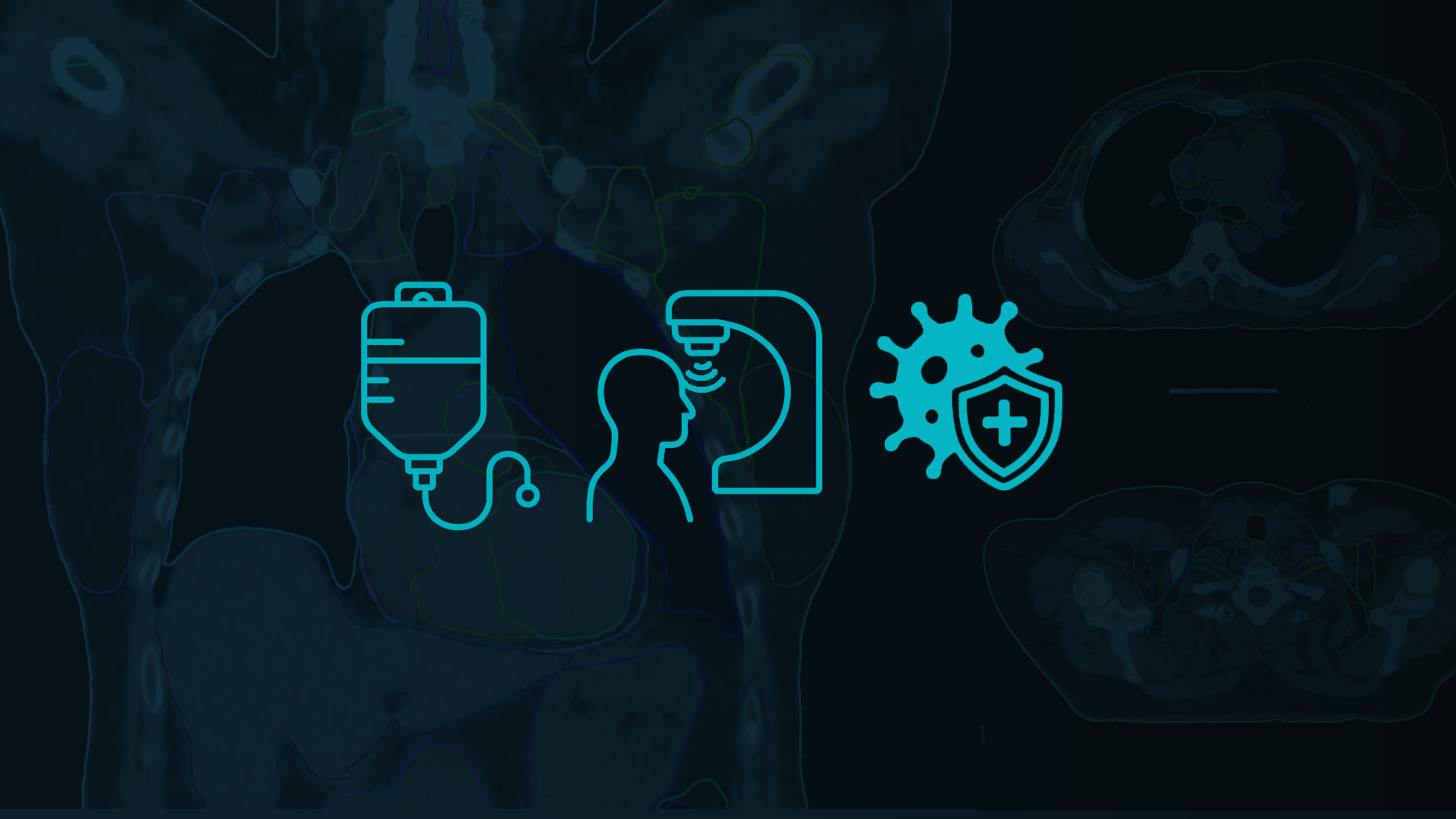 Three symbols are represented: an IV chemo bag for chemotherapy, a person standing near a radiation machine for raditotherapy and a shield in front of a cancer cell for immunotherapy.